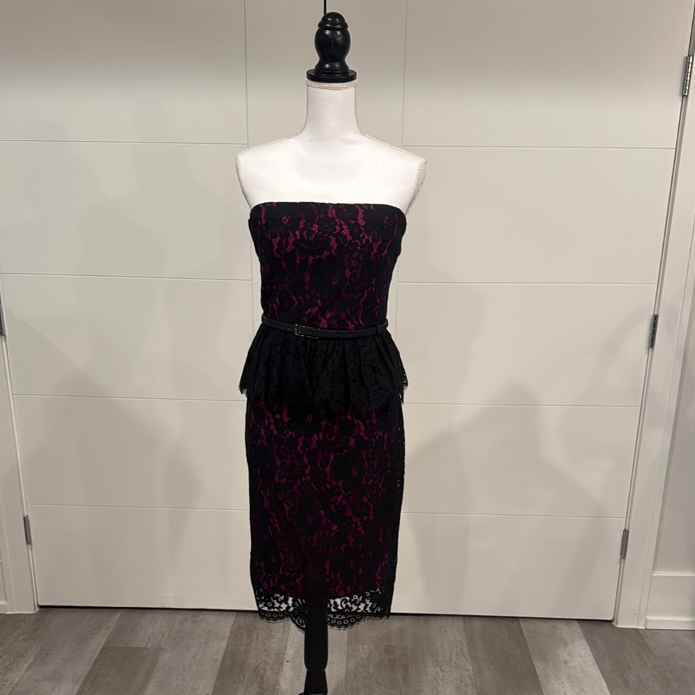 Strapless Pink and Black Lace Peplum Dress
